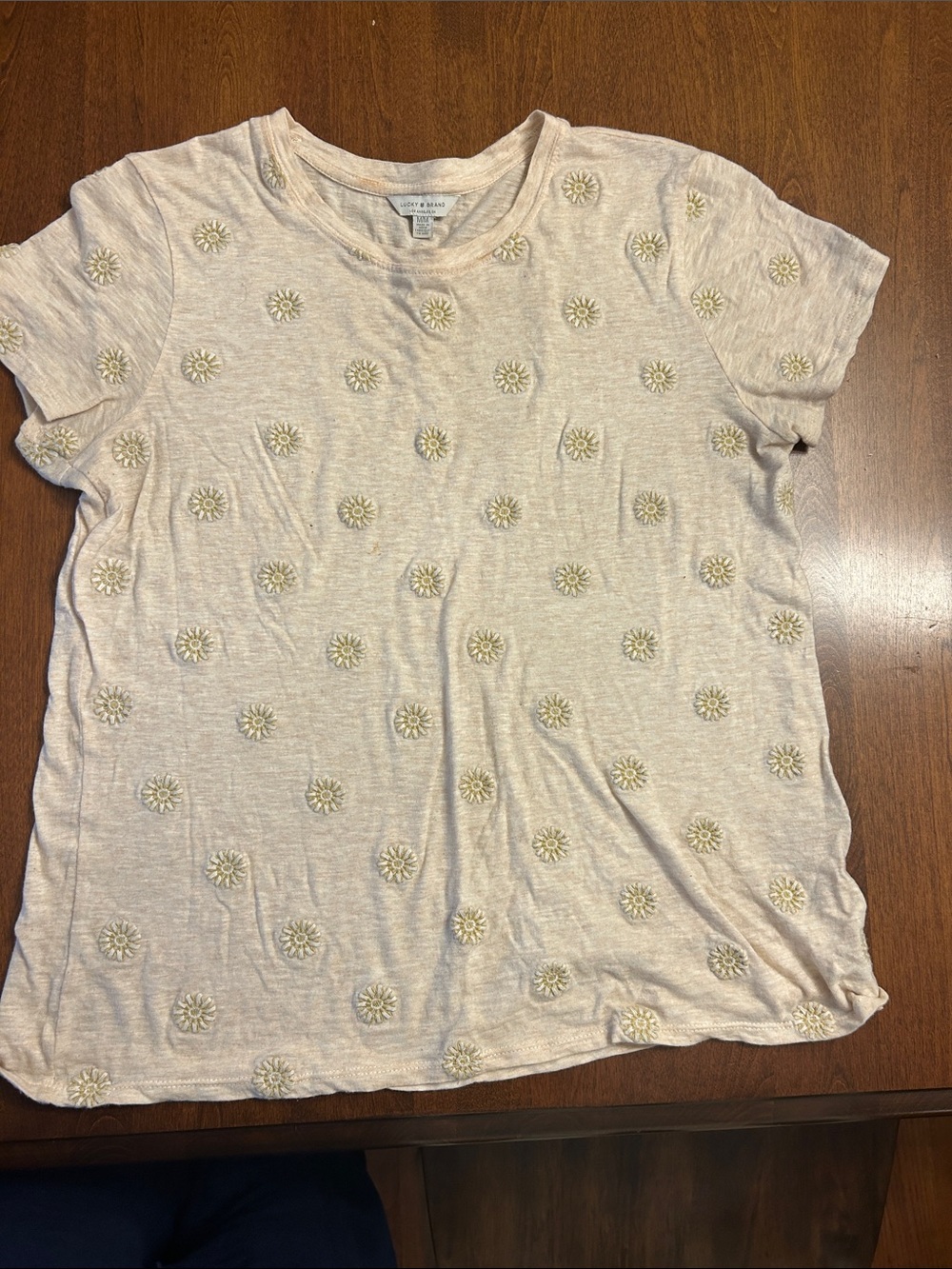 Lucky Brand Cream Short Sleeve Tee with Daisy Embroidery
